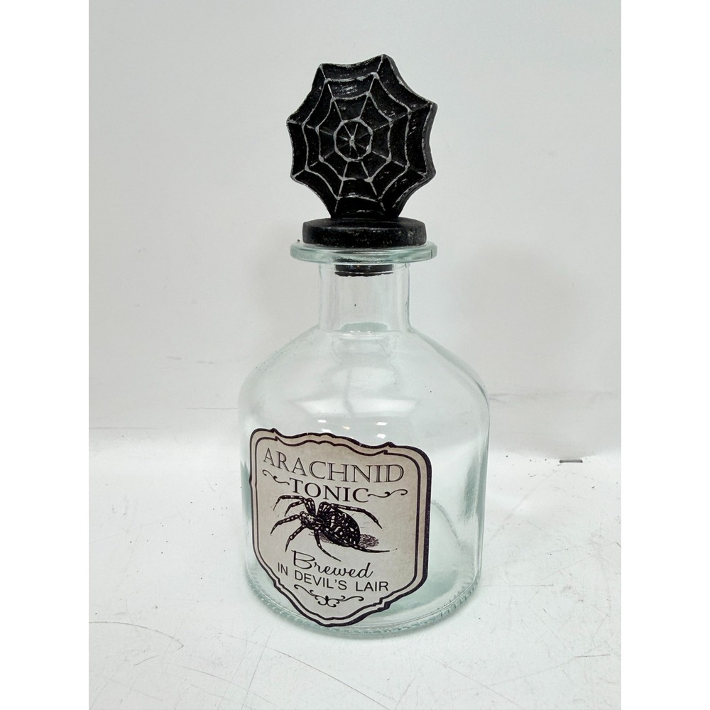 Halloween Arachnid Tonic Potion Bottle Clear Glass Spider Web Stopper 6.75"